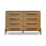 Amber-finished oak forms a clean silhouette for eight spacious drawers with iron hardware wrapped in black top-grain leather. This item has been modified to comply with the STURDY Act. See a full list of modified products and data changes in the “STURDY Act” file in the Downloads section below Amethyst Home provides interior design, new home construction design consulting, vintage area rugs, and lighting in the Boston metro area.