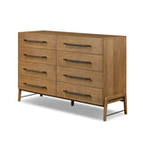 Amber-finished oak forms a clean silhouette for eight spacious drawers with iron hardware wrapped in black top-grain leather. This item has been modified to comply with the STURDY Act. See a full list of modified products and data changes in the “STURDY Act” file in the Downloads section below Amethyst Home provides interior design, new home construction design consulting, vintage area rugs, and lighting in the Washington metro area.