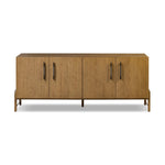 Amber-finished oak forms a clean silhouette with plenty of storage, accented with long iron hardware wrapped in black top-grain leather. Outset legs add an element of interest. Rear cutouts for cord management Amethyst Home provides interior design, new home construction design consulting, vintage area rugs, and lighting in the Boston metro area.