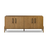 Amber-finished oak forms a clean silhouette with plenty of storage, accented with long iron hardware wrapped in black top-grain leather. Outset legs add an element of interest. Rear cutouts for cord management Amethyst Home provides interior design, new home construction design consulting, vintage area rugs, and lighting in the Boston metro area.