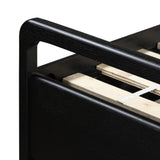 Ebony-finished oak frames a sling-style headboard made from top-grain leather, with subtly rounded edges and metal dowel detailing Amethyst Home provides interior design, new home construction design consulting, vintage area rugs, and lighting in the Boston metro area.