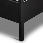 Ebony-finished oak frames a sling-style headboard made from top-grain leather, with subtly rounded edges and metal dowel detailing Amethyst Home provides interior design, new home construction design consulting, vintage area rugs, and lighting in the Dallas metro area.