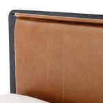 Ebony-finished oak frames a sling-style headboard made from top-grain leather, with subtly rounded edges and metal dowel detailing Amethyst Home provides interior design, new home construction design consulting, vintage area rugs, and lighting in the Salt Lake City metro area.