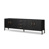 Featuring Rosedale Ebony Oak Veneer Media Console by Four Hands at Amethyst Home. This Rosedale Ebony Oak Veneer Media Console is the perfect addition to any media room or living space. Made with high-quality materials and a sleek design, this media console provides ample storage for all of your media devices. With its ebony oak veneer finish, it is both st. Amethyst Home provides interior design, new home construction design consulting, vintage area rugs, and lighting in the Park City metro area.