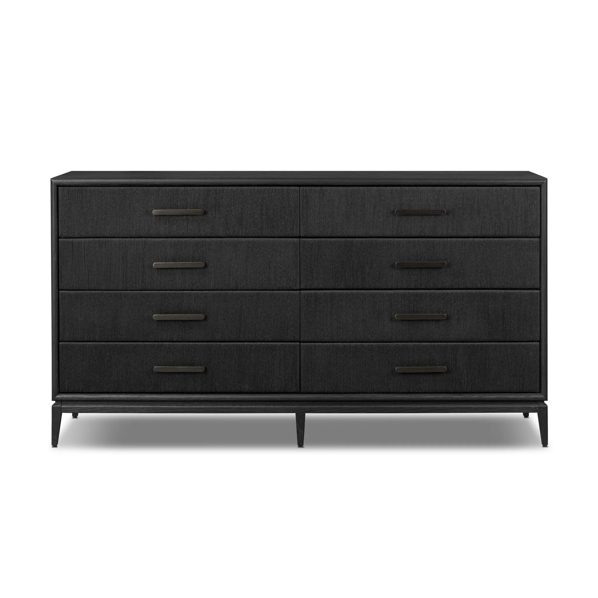 Elevate your bedroom styling with a storage-driven dresser of black-finished oak. A smooth top pairs with eight spacious drawers covered with woven paper cord. The result: a dark, Scandinavian-inspired look that will work into your collection beautifully Amethyst Home provides interior design, new home construction design consulting, vintage area rugs, and lighting in the Laguna Beach metro area.