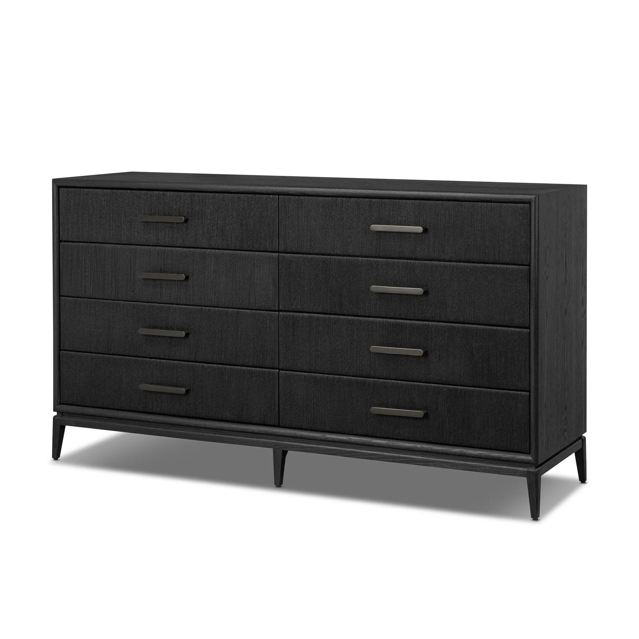 Elevate your bedroom styling with a storage-driven dresser of black-finished oak. A smooth top pairs with eight spacious drawers covered with woven paper cord. The result: a dark, Scandinavian-inspired look that will work into your collection beautifully Amethyst Home provides interior design, new home construction design consulting, vintage area rugs, and lighting in the Omaha metro area.