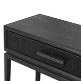 Featuring Rosenell Black Oak Veneer Console Table 60" by Four Hands at Amethyst Home. Elevate your living space or media room with a slim-profile console of black-finished oak. A smooth top pairs with two drawers covered with woven paper cord, while lower open shelving creates bonus storage and display options. The result: a dark, Scandinavian-inspired look th. Amethyst Home provides interior design, new home construction design consulting, vintage area rugs, and lighting in the Boston metro area.