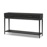 Featuring Rosenell Black Oak Veneer Console Table 60" by Four Hands at Amethyst Home. Elevate your living space or media room with a slim-profile console of black-finished oak. A smooth top pairs with two drawers covered with woven paper cord, while lower open shelving creates bonus storage and display options. The result: a dark, Scandinavian-inspired look tha. Amethyst Home provides interior design, new home construction design consulting, vintage area rugs, and lighting in the Omaha metro area.