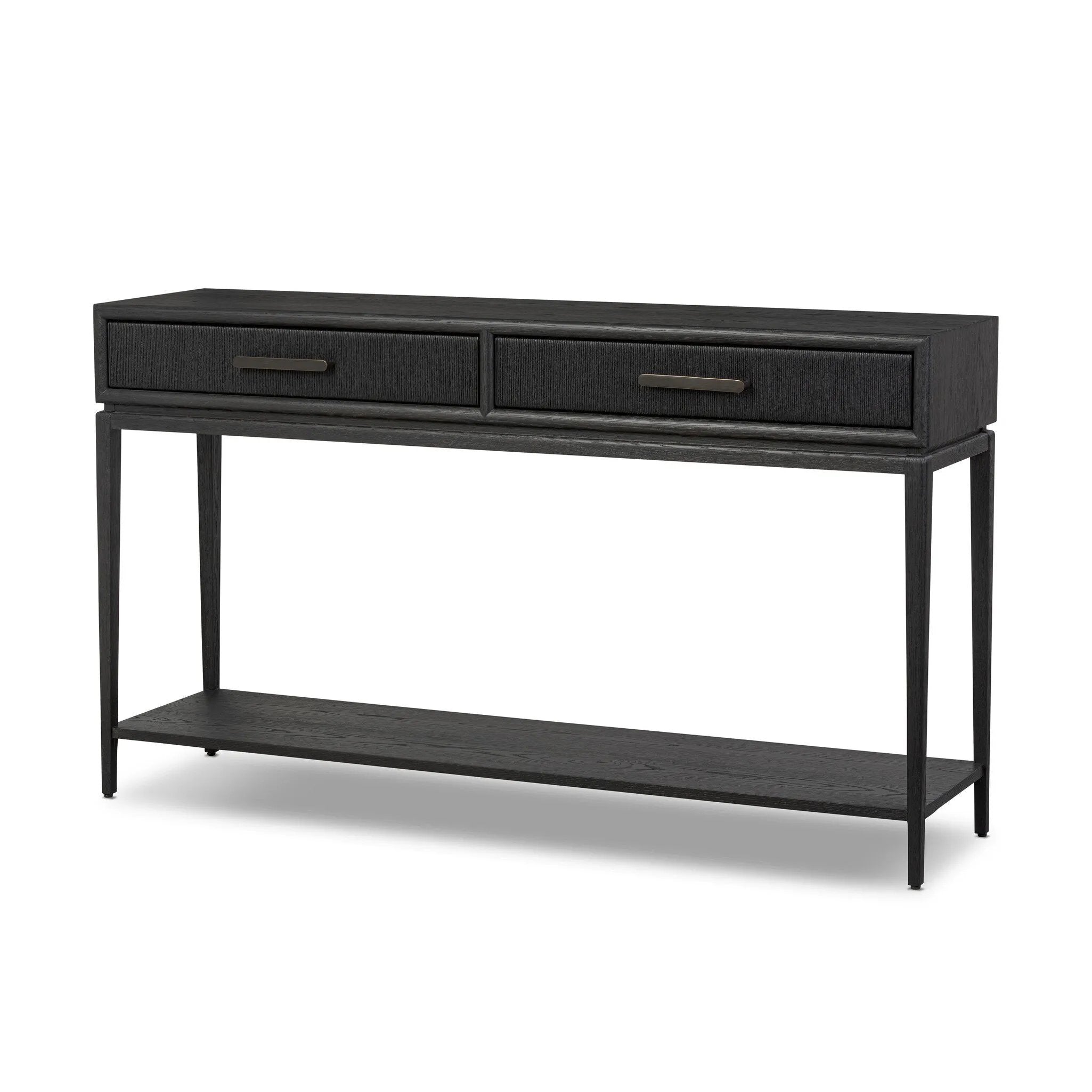 Featuring Rosenell Black Oak Veneer Console Table 60" by Four Hands at Amethyst Home. Elevate your living space or media room with a slim-profile console of black-finished oak. A smooth top pairs with two drawers covered with woven paper cord, while lower open shelving creates bonus storage and display options. The result: a dark, Scandinavian-inspired look tha. Amethyst Home provides interior design, new home construction design consulting, vintage area rugs, and lighting in the Omaha metro area.