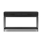 Featuring Rosenell Black Oak Veneer Console Table 60" by Four Hands at Amethyst Home. Elevate your living space or media room with a slim-profile console of black-finished oak. A smooth top pairs with two drawers covered with woven paper cord, while lower open shelving creates bonus storage and display options. The result: a dark, Scandinavian-inspired look. Amethyst Home provides interior design, new home construction design consulting, vintage area rugs, and lighting in the Park City metro area.