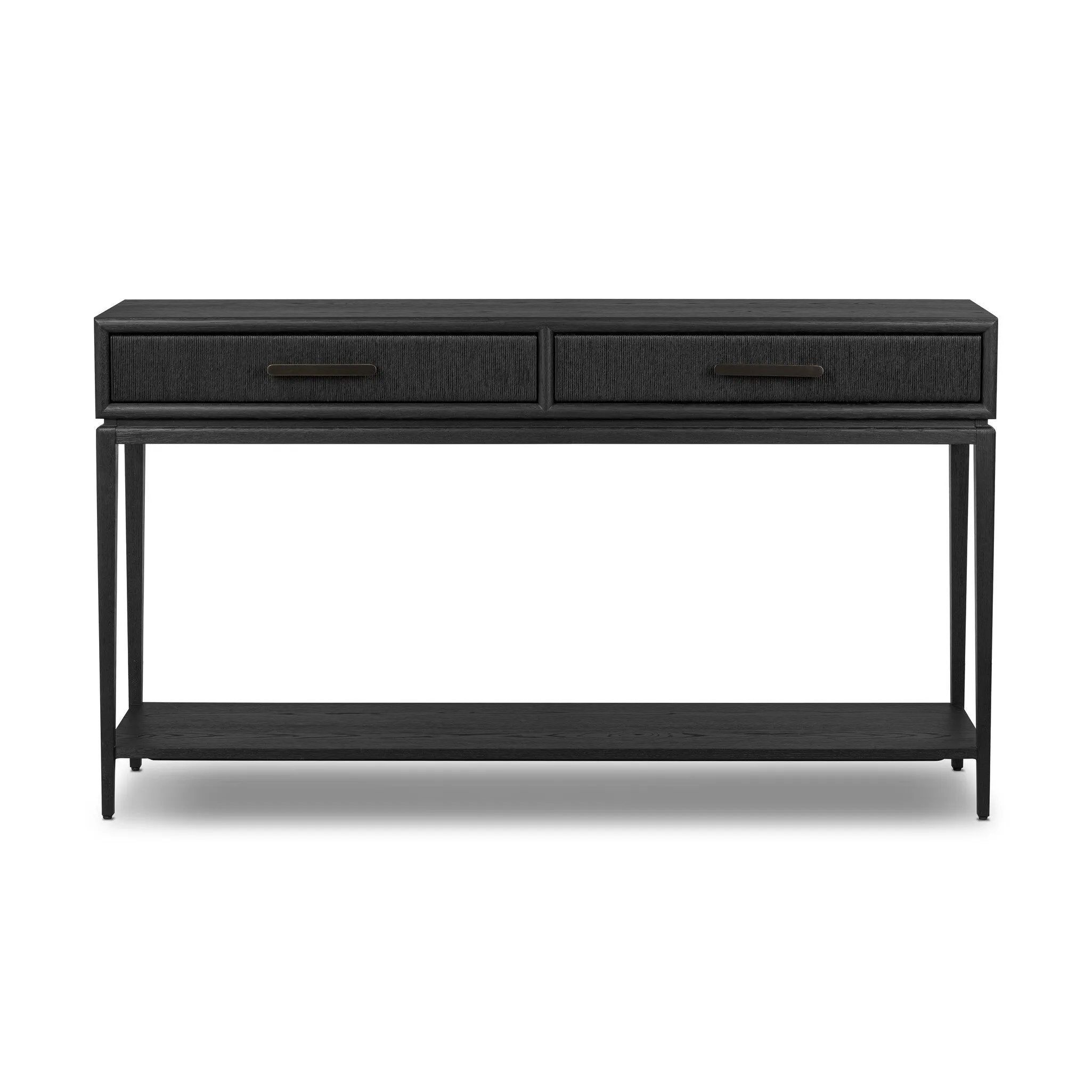 Featuring Rosenell Black Oak Veneer Console Table 60" by Four Hands at Amethyst Home. Elevate your living space or media room with a slim-profile console of black-finished oak. A smooth top pairs with two drawers covered with woven paper cord, while lower open shelving creates bonus storage and display options. The result: a dark, Scandinavian-inspired look. Amethyst Home provides interior design, new home construction design consulting, vintage area rugs, and lighting in the Park City metro area.