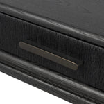 Featuring Rosenell Black Oak Veneer Console Table 60" by Four Hands at Amethyst Home. Elevate your living space or media room with a slim-profile console of black-finished oak. A smooth top pairs with two drawers covered with woven paper cord, while lower open shelving creates bonus storage and display options. The result: a dark, Scandinavian-inspired. Amethyst Home provides interior design, new home construction design consulting, vintage area rugs, and lighting in the Salt Lake City metro area.