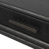 Featuring Rosenell Black Oak Veneer Console Table 60" by Four Hands at Amethyst Home. Elevate your living space or media room with a slim-profile console of black-finished oak. A smooth top pairs with two drawers covered with woven paper cord, while lower open shelving creates bonus storage and display options. The result: a dark, Scandinavian-inspired. Amethyst Home provides interior design, new home construction design consulting, vintage area rugs, and lighting in the Salt Lake City metro area.