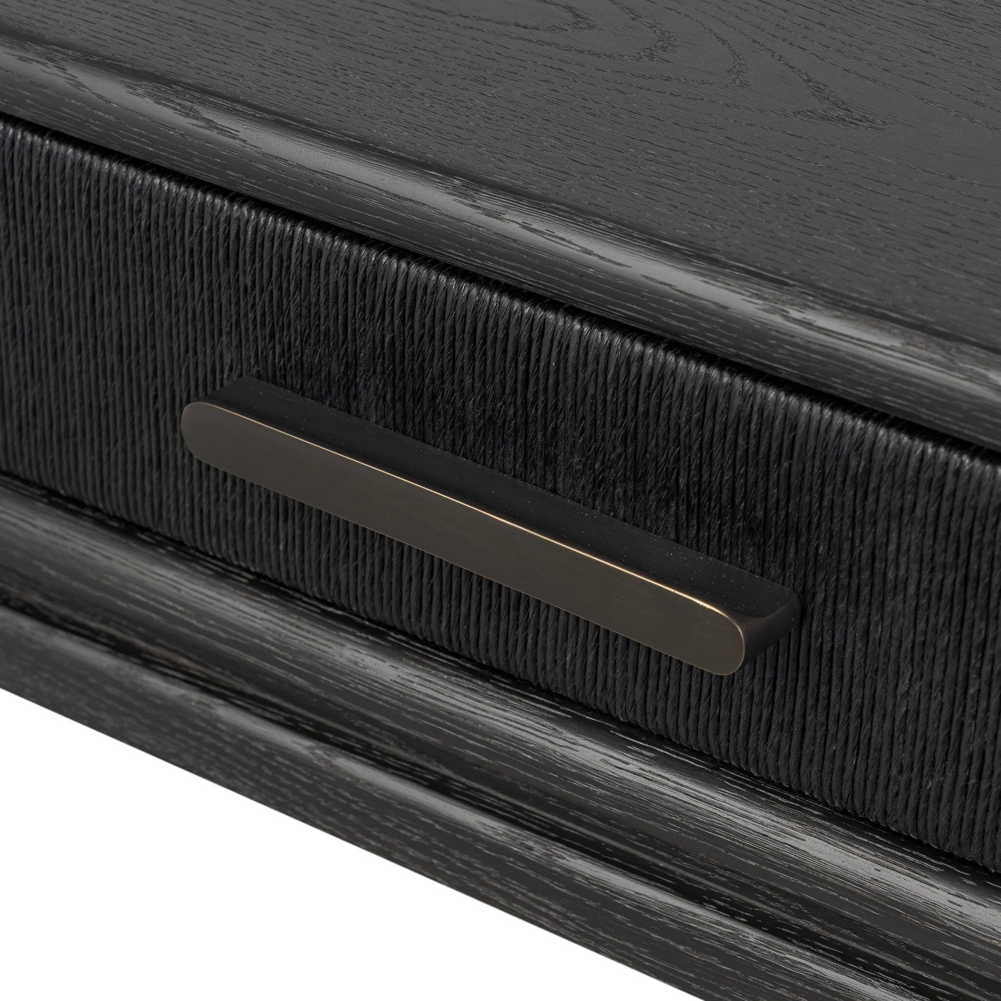 Featuring Rosenell Black Oak Veneer Console Table 60" by Four Hands at Amethyst Home. Elevate your living space or media room with a slim-profile console of black-finished oak. A smooth top pairs with two drawers covered with woven paper cord, while lower open shelving creates bonus storage and display options. The result: a dark, Scandinavian-inspired. Amethyst Home provides interior design, new home construction design consulting, vintage area rugs, and lighting in the Salt Lake City metro area.