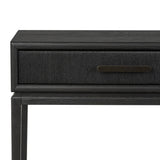 Featuring Rosenell Black Oak Veneer Console Table 60" by Four Hands at Amethyst Home. Elevate your living space or media room with a slim-profile console of black-finished oak. A smooth top pairs with two drawers covered with woven paper cord, while lower open shelving creates bonus storage and display options. The result: a dark, Scandinavian-inspired loo. Amethyst Home provides interior design, new home construction design consulting, vintage area rugs, and lighting in the Scottsdale metro area.