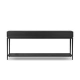 Featuring Rosenell Black Oak Veneer Console Table 78" by Four Hands at Amethyst Home. Elevate your living space or media room with a slim-profile console of black-finished oak. A smooth top pairs with three drawers covered with woven paper cord, while lower open shelving creates bonus storage and display options. The result: a dark, Scandinavian-inspired l. Amethyst Home provides interior design, new home construction design consulting, vintage area rugs, and lighting in the Alpharetta metro area.