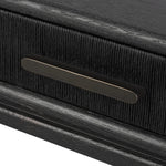 Featuring Rosenell Black Oak Veneer Console Table 78" by Four Hands at Amethyst Home. Elevate your living space or media room with a slim-profile console of black-finished oak. A smooth top pairs with three drawers covered with woven paper cord, while lower open shelving creates bonus storage and display options. The result: a dark, Scandinavian-inspired look . Amethyst Home provides interior design, new home construction design consulting, vintage area rugs, and lighting in the Austin metro area.