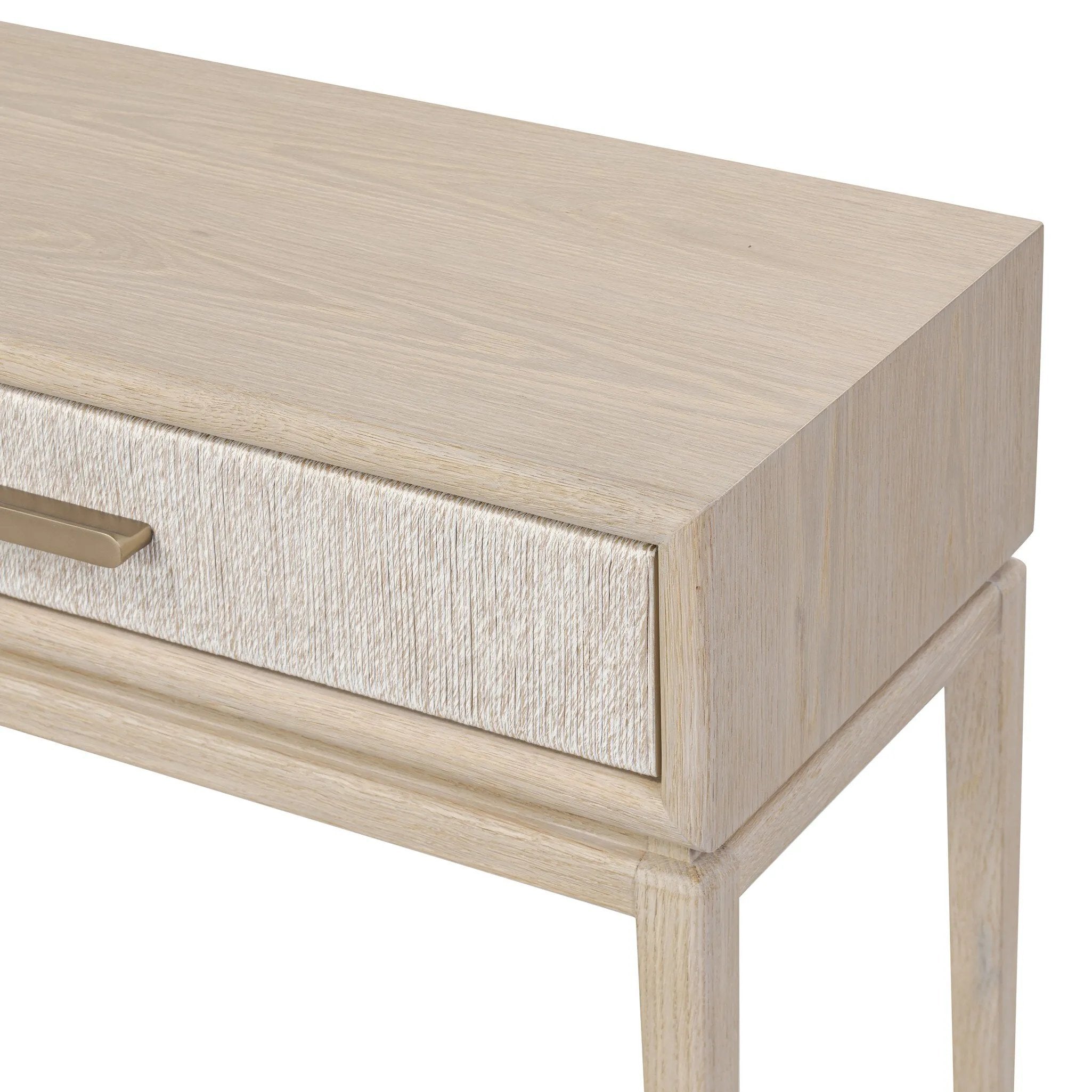 Featuring Rosenell Natural Oak Veneer Console Table 60" by Four Hands at Amethyst Home. Elevate your living space or media room with a slim-profile console of light, natural oak. A smooth top pairs with two drawers covered with woven paper cord, while lower open shelving creates bonus storage and display options. The result: a clean, Scandinavian-inspired . Amethyst Home provides interior design, new home construction design consulting, vintage area rugs, and lighting in the Des Moines metro area.