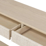 Featuring Rosenell Natural Oak Veneer Console Table 60" by Four Hands at Amethyst Home. Elevate your living space or media room with a slim-profile console of light, natural oak. A smooth top pairs with two drawers covered with woven paper cord, while lower open shelving creates bonus storage and display options. The result: a clean, Scandinavian-inspired . Amethyst Home provides interior design, new home construction design consulting, vintage area rugs, and lighting in the Washington metro area.