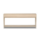 Featuring Rosenell Natural Oak Veneer Console Table 78" by Four Hands at Amethyst Home. Elevate your living space or media room with a slim-profile console of light, natural oak. A smooth top pairs with three drawers covered with woven paper cord, while lower open shelving creates bonus storage and display options. The result: a clean, Scandinavian-inspired l. Amethyst Home provides interior design, new home construction design consulting, vintage area rugs, and lighting in the Houston metro area.