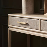 Featuring Rosenell Natural Oak Veneer Console Table 78" by Four Hands at Amethyst Home. Elevate your living space or media room with a slim-profile console of light, natural oak. A smooth top pairs with three drawers covered with woven paper cord, while lower open shelving creates bonus storage and display options. The result: a clean, Scandinavian-inspired . Amethyst Home provides interior design, new home construction design consulting, vintage area rugs, and lighting in the Monterey metro area.