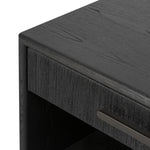 Elevate your bedside storage with a nightstand of black-finished oak. A smooth top pairs with a single drawer front of woven paper cord for a dark, rich look that will work into your bedroom collection beautifully Amethyst Home provides interior design, new home construction design consulting, vintage area rugs, and lighting in the Winter Garden metro area.