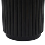 Inspired by décor in the majestic palaces of Jaipur, a conversation-starting end table is made from mixed reclaimed woods, with a rounded top and base with vertical reeding Amethyst Home provides interior design, new home construction design consulting, vintage area rugs, and lighting in the Tampa metro area.