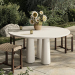 A play in proportion, simple shaping puts the focus on the texture of cast concrete. Three pedestal legs anchor the bullnose-edge top of this outdoor dining table. Cover or store indoors when not in use or during inclement weather Amethyst Home provides interior design, new home construction design consulting, vintage area rugs, and lighting in the Scottsdale metro area.