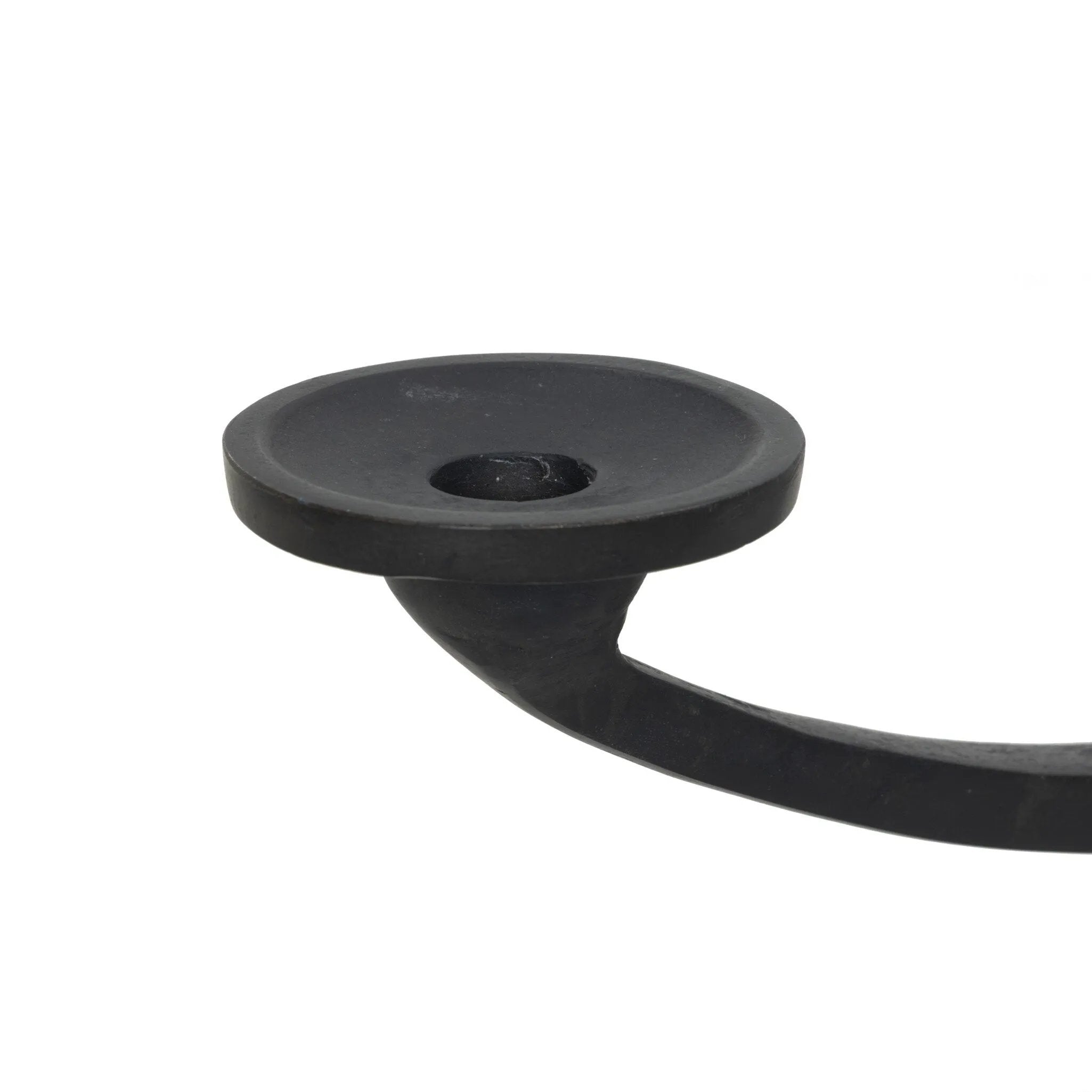 Cast aluminum shapes a statement-sized candle holder, with an asymmetrical format and swooping arms across a ball finial detail in the center. The balance of molded, cast shapes meets the refined geometric look of the tapered base. Use with tapered candles only Amethyst Home provides interior design, new home construction design consulting, vintage area rugs, and lighting in the Boston metro area.