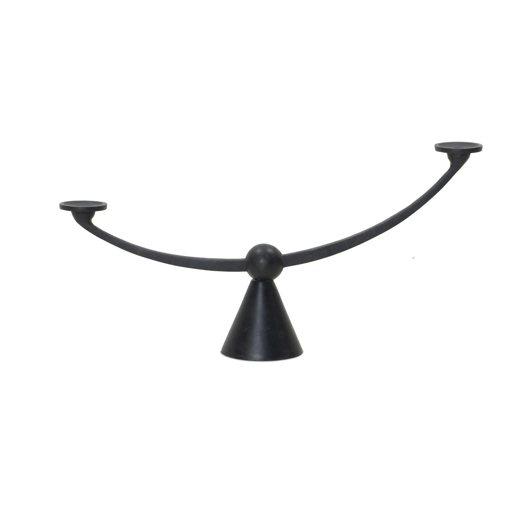 Cast aluminum shapes a statement-sized candle holder, with an asymmetrical format and swooping arms across a ball finial detail in the center. The balance of molded, cast shapes meets the refined geometric look of the tapered base. Use with tapered candles only Amethyst Home provides interior design, new home construction design consulting, vintage area rugs, and lighting in the Washington metro area.