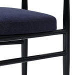 Echoing lacquered seating from another era, this glossy dining chair features mahogany construction, a timeless back, and royal blue upholstery Amethyst Home provides interior design, new home construction design consulting, vintage area rugs, and lighting in the Park City metro area.