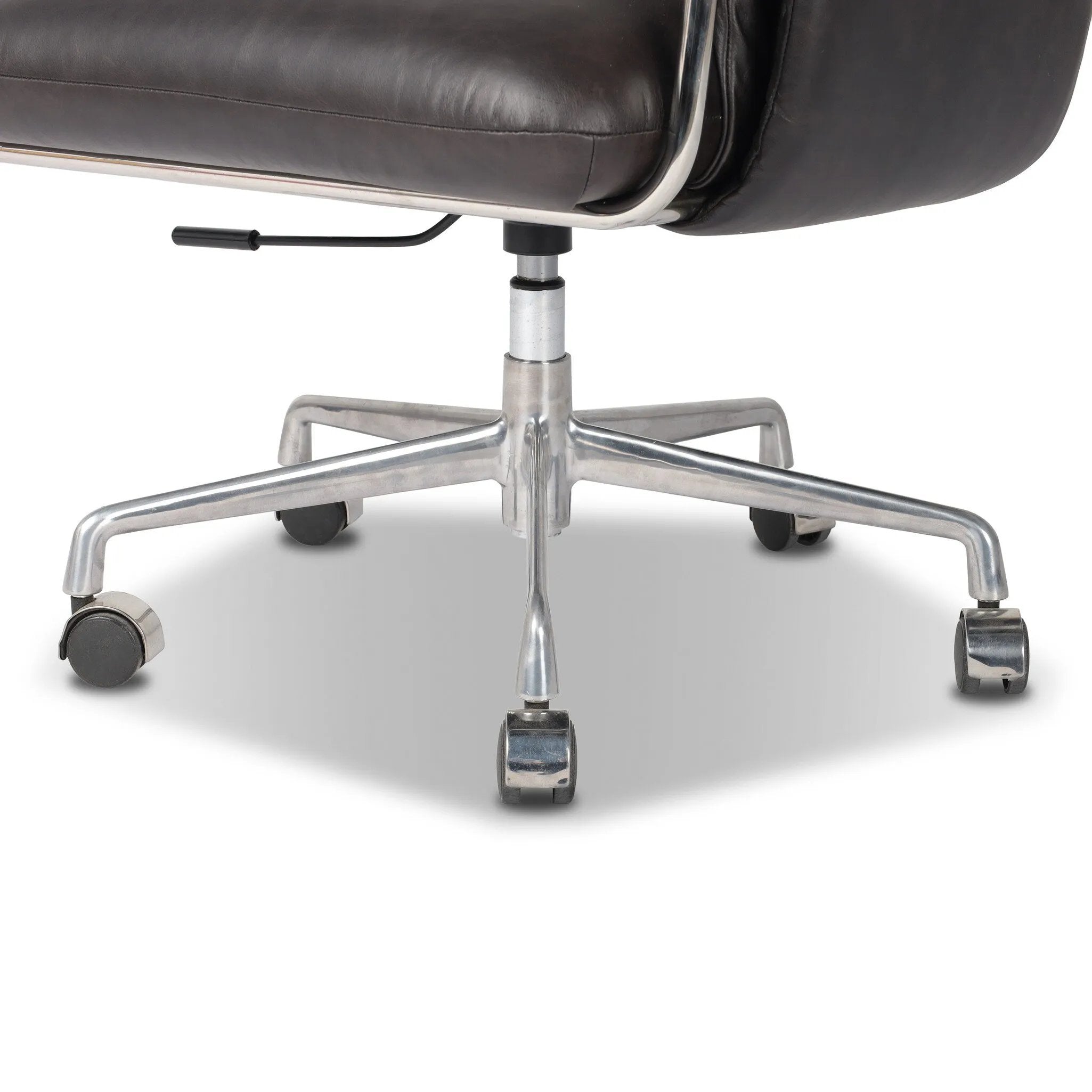 Shiny stainless steel frames Four Hands-exclusive top-leather cushioning for a balance of comfort and edge. Overfilled for a relaxed sit, a cushioned seat and back keep things supportive. Adjustable height and smooth 360-swivel bring ease to your workspace Amethyst Home provides interior design, new home construction design consulting, vintage area rugs, and lighting in the Kansas City metro area.