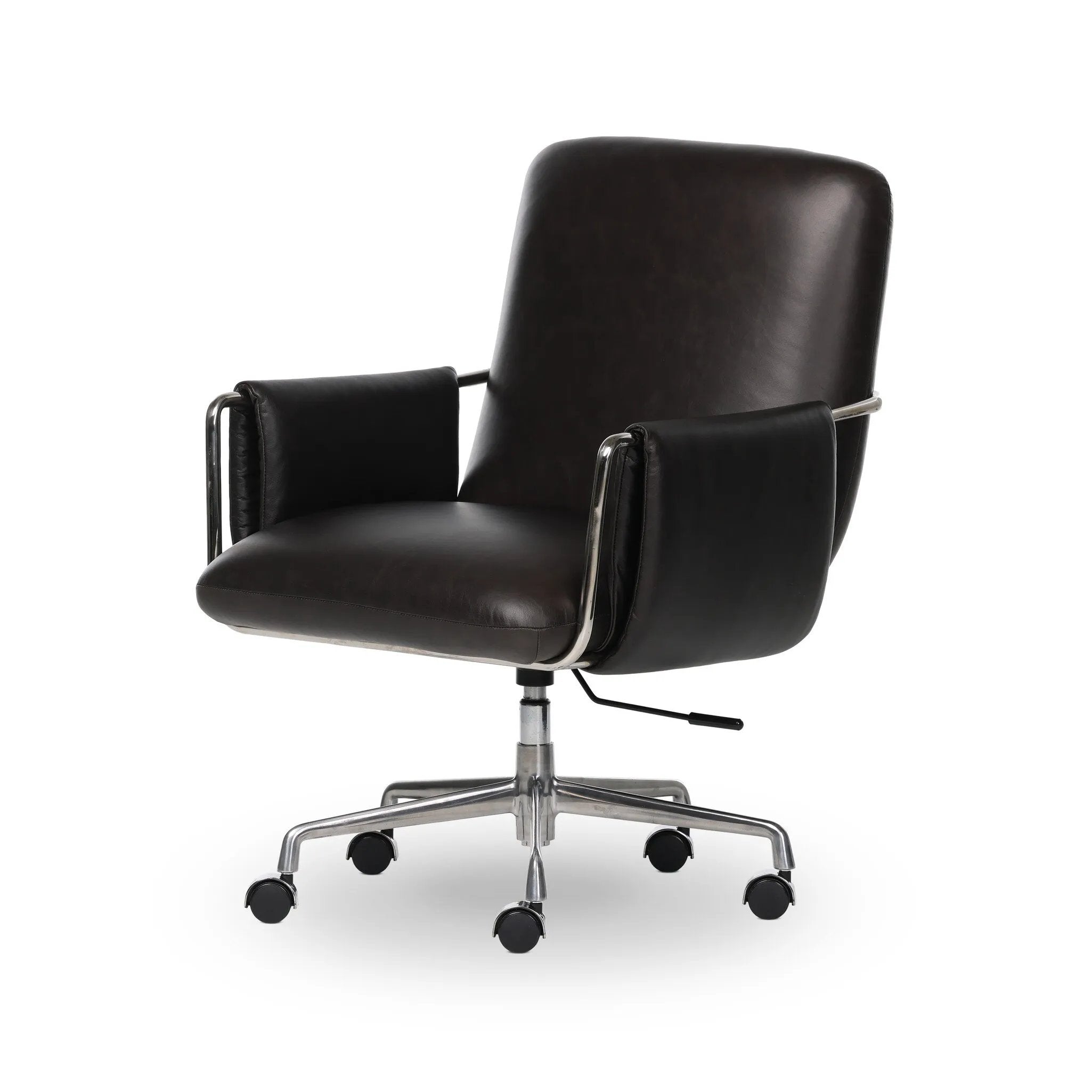 Shiny stainless steel frames Four Hands-exclusive top-leather cushioning for a balance of comfort and edge. Overfilled for a relaxed sit, a cushioned seat and back keep things supportive. Adjustable height and smooth 360-swivel bring ease to your workspace Amethyst Home provides interior design, new home construction design consulting, vintage area rugs, and lighting in the Los Angeles metro area.