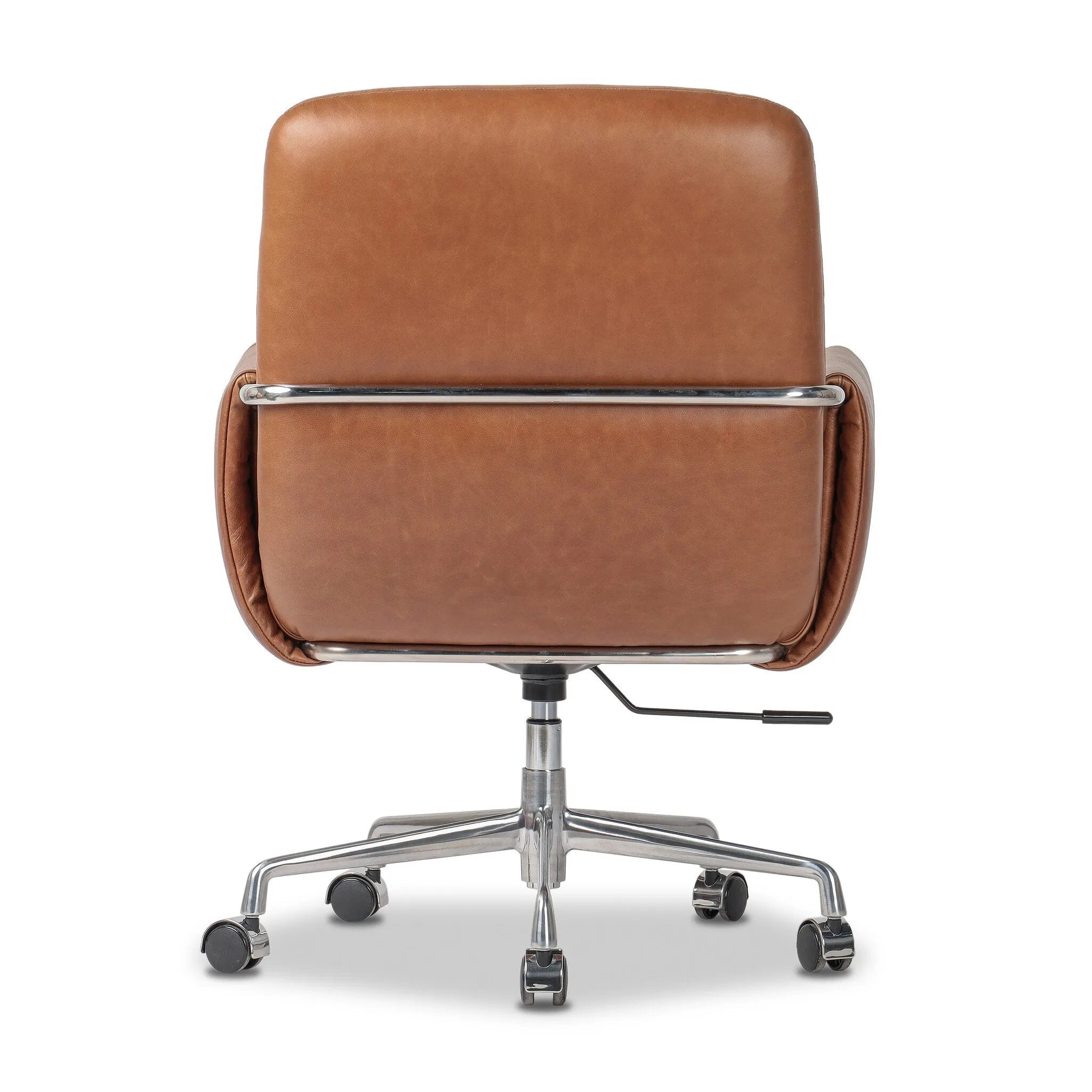 Shiny stainless steel frames tan top-grain leather cushioning for a balance of comfort and edge. Overfilled for a relaxed sit, the cushioned seat and back keep things supportive. Adjustable height and smooth 360-swivel bring ease to your workspace Amethyst Home provides interior design, new home construction design consulting, vintage area rugs, and lighting in the Park City metro area.