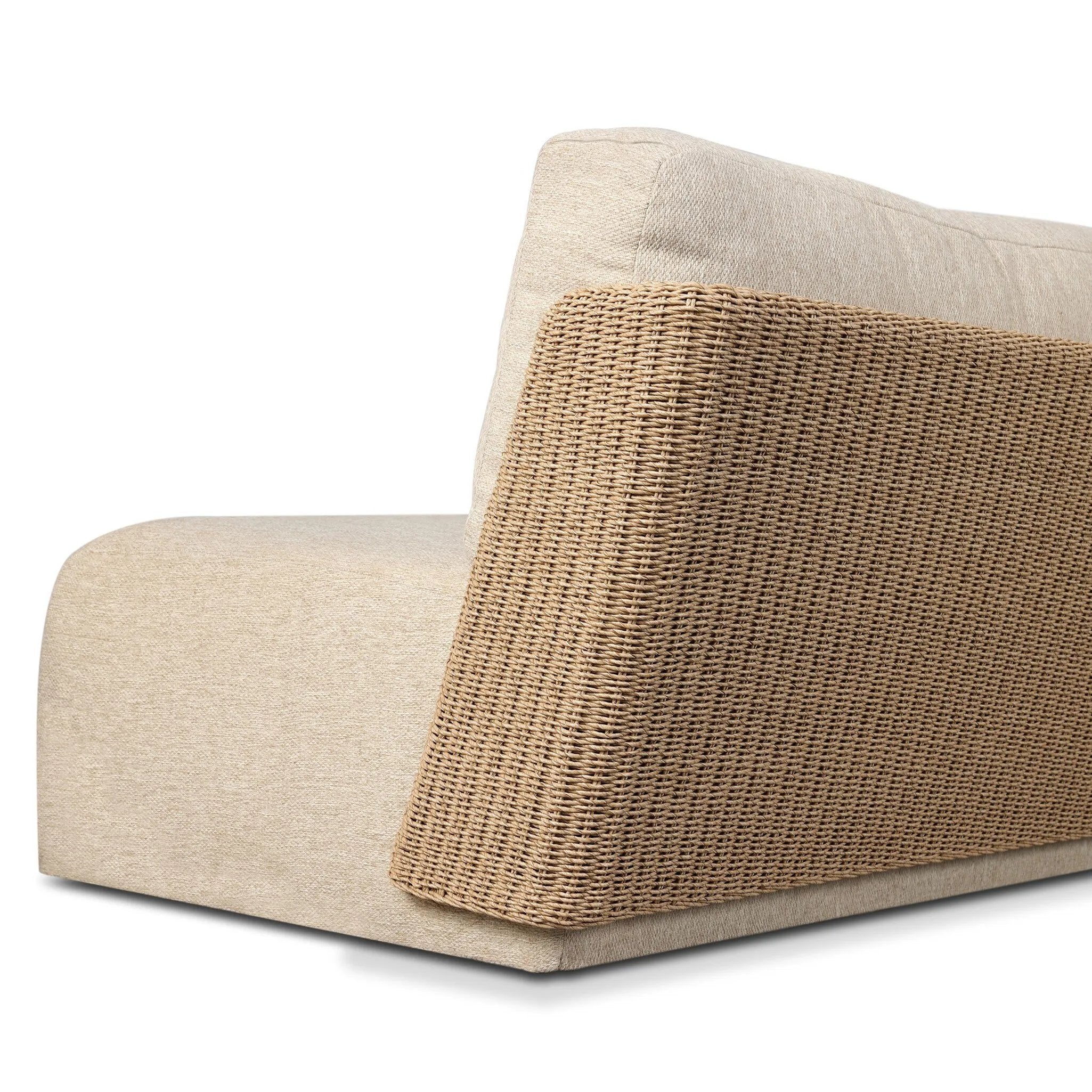Boldly woven. This modern boxy outdoor sofa takes an angular, inflated silhouette and accents it with a woven back that peeks around a fully cushioned seat. Cover or store indoors during inclement weather and when not in use Amethyst Home provides interior design, new home construction design consulting, vintage area rugs, and lighting in the Monterey metro area.