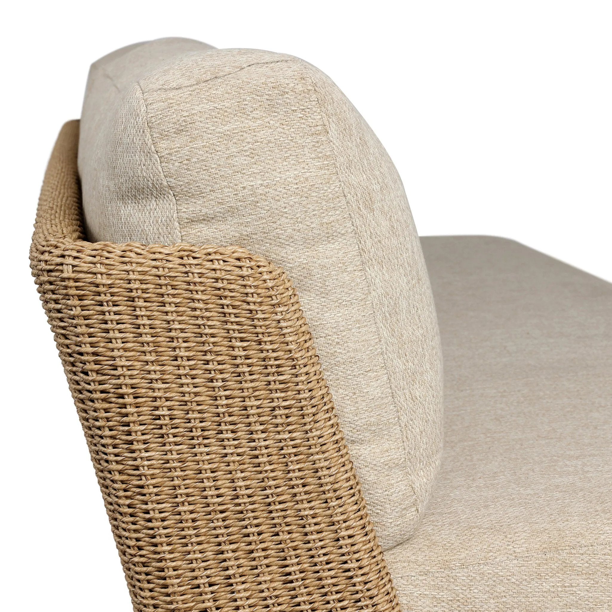 Boldly woven. This modern boxy outdoor sofa takes an angular, inflated silhouette and accents it with a woven back that peeks around a fully cushioned seat. Cover or store indoors during inclement weather and when not in use Amethyst Home provides interior design, new home construction design consulting, vintage area rugs, and lighting in the Tampa metro area.