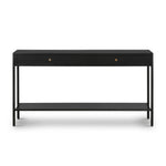 Featuring Soto Black Console Table by Four Hands at Amethyst Home. Bring a softened industrial look to the media room, dining space or entryway with a simple black-finished iron console table featuring bronzed iron hardware for modernity. Dual drawers and lower shelving add bonus storage space.Overall Dimensions: 57.00"w x 17.00"d x 30.00"hWeight : 84.88 lbsMa. Amethyst Home provides interior design, new home construction design consulting, vintage area rugs, and lighting in the Austin metro area.