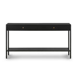 Featuring Soto Black Console Table by Four Hands at Amethyst Home. Bring a softened industrial look to the media room, dining space or entryway with a simple black-finished iron console table featuring bronzed iron hardware for modernity. Dual drawers and lower shelving add bonus storage space.Overall Dimensions: 57.00"w x 17.00"d x 30.00"hWeight : 84.88 lbsMa. Amethyst Home provides interior design, new home construction design consulting, vintage area rugs, and lighting in the Austin metro area.