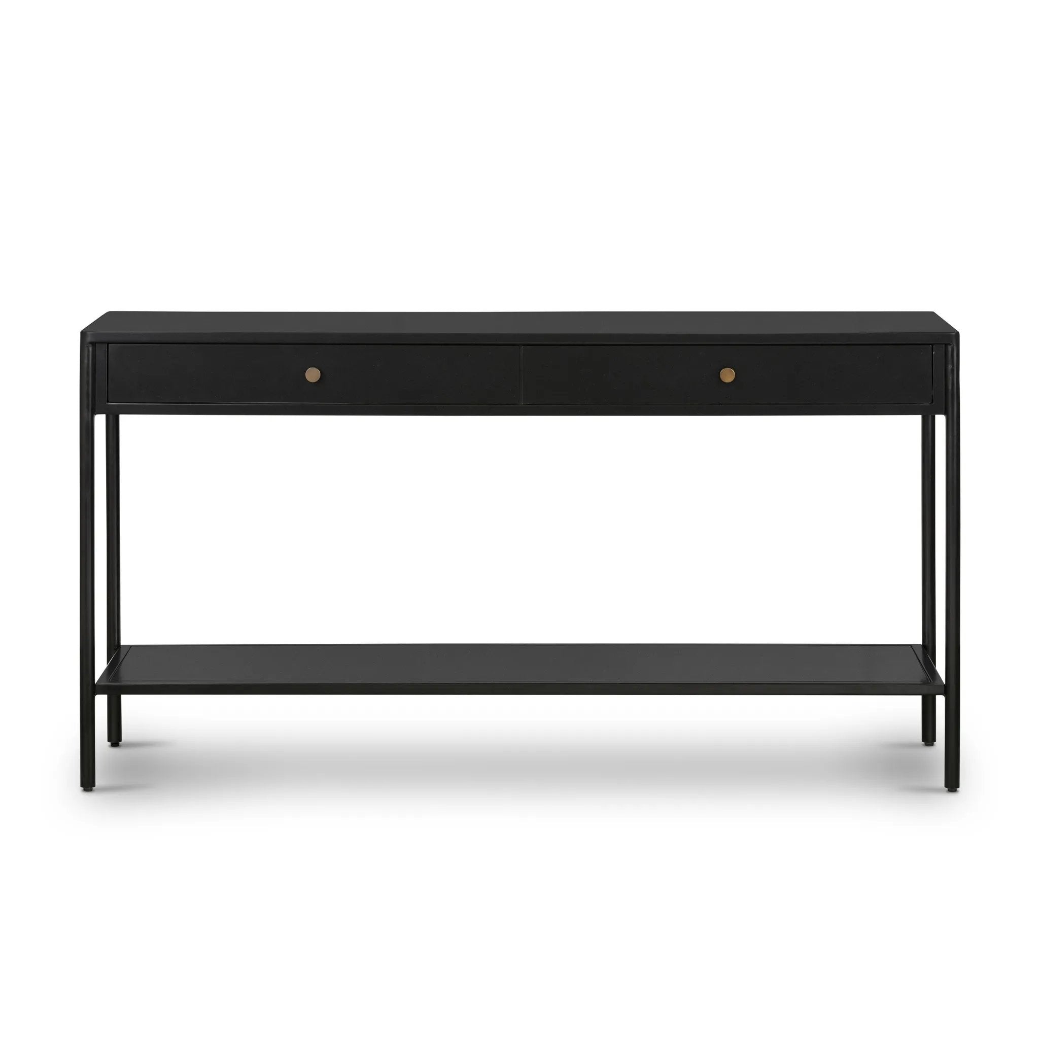 Featuring Soto Black Console Table by Four Hands at Amethyst Home. Bring a softened industrial look to the media room, dining space or entryway with a simple black-finished iron console table featuring bronzed iron hardware for modernity. Dual drawers and lower shelving add bonus storage space.Overall Dimensions: 57.00"w x 17.00"d x 30.00"hWeight : 84.88 lbsMa. Amethyst Home provides interior design, new home construction design consulting, vintage area rugs, and lighting in the Austin metro area.