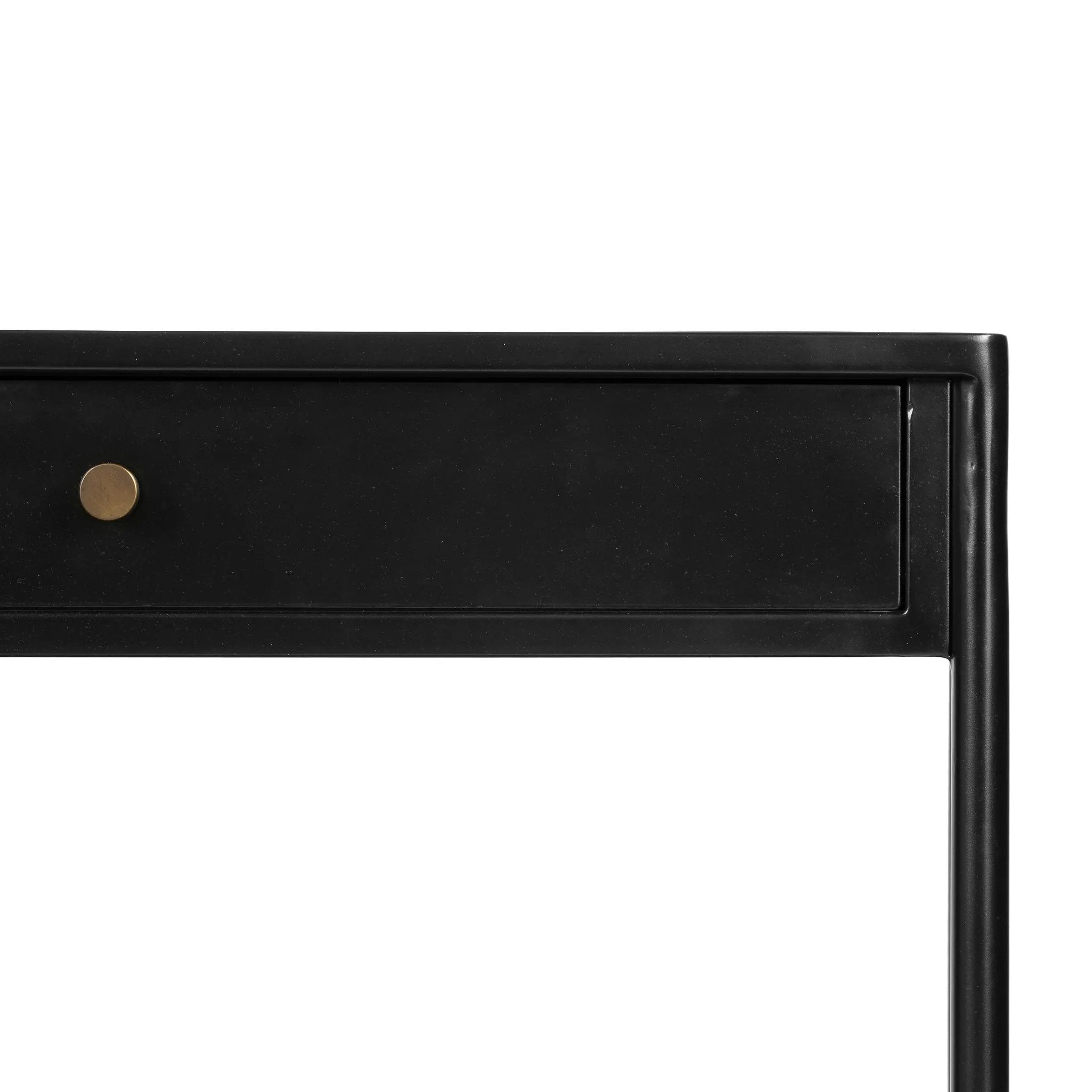 Featuring Soto Black Console Table by Four Hands at Amethyst Home. Bring a softened industrial look to the media room, dining space or entryway with a simple black-finished iron console table featuring bronzed iron hardware for modernity. Dual drawers and lower shelving add bonus storage space.Overall Dimensions: 57.00"w x 17.00"d x 30.00"hWeight : 84.88 lbsMa. Amethyst Home provides interior design, new home construction design consulting, vintage area rugs, and lighting in the Dallas metro area.
