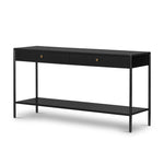 Featuring Soto Black Console Table by Four Hands at Amethyst Home. Bring a softened industrial look to the media room, dining space or entryway with a simple black-finished iron console table featuring bronzed iron hardware for modernity. Dual drawers and lower shelving add bonus storage space.Overall Dimensions: 57.00"w x 17.00"d x 30.00"hWeight : 84.88 lbsMat. Amethyst Home provides interior design, new home construction design consulting, vintage area rugs, and lighting in the Miami metro area.