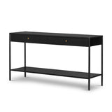 Featuring Soto Black Console Table by Four Hands at Amethyst Home. Bring a softened industrial look to the media room, dining space or entryway with a simple black-finished iron console table featuring bronzed iron hardware for modernity. Dual drawers and lower shelving add bonus storage space.Overall Dimensions: 57.00"w x 17.00"d x 30.00"hWeight : 84.88 lbsMat. Amethyst Home provides interior design, new home construction design consulting, vintage area rugs, and lighting in the Miami metro area.