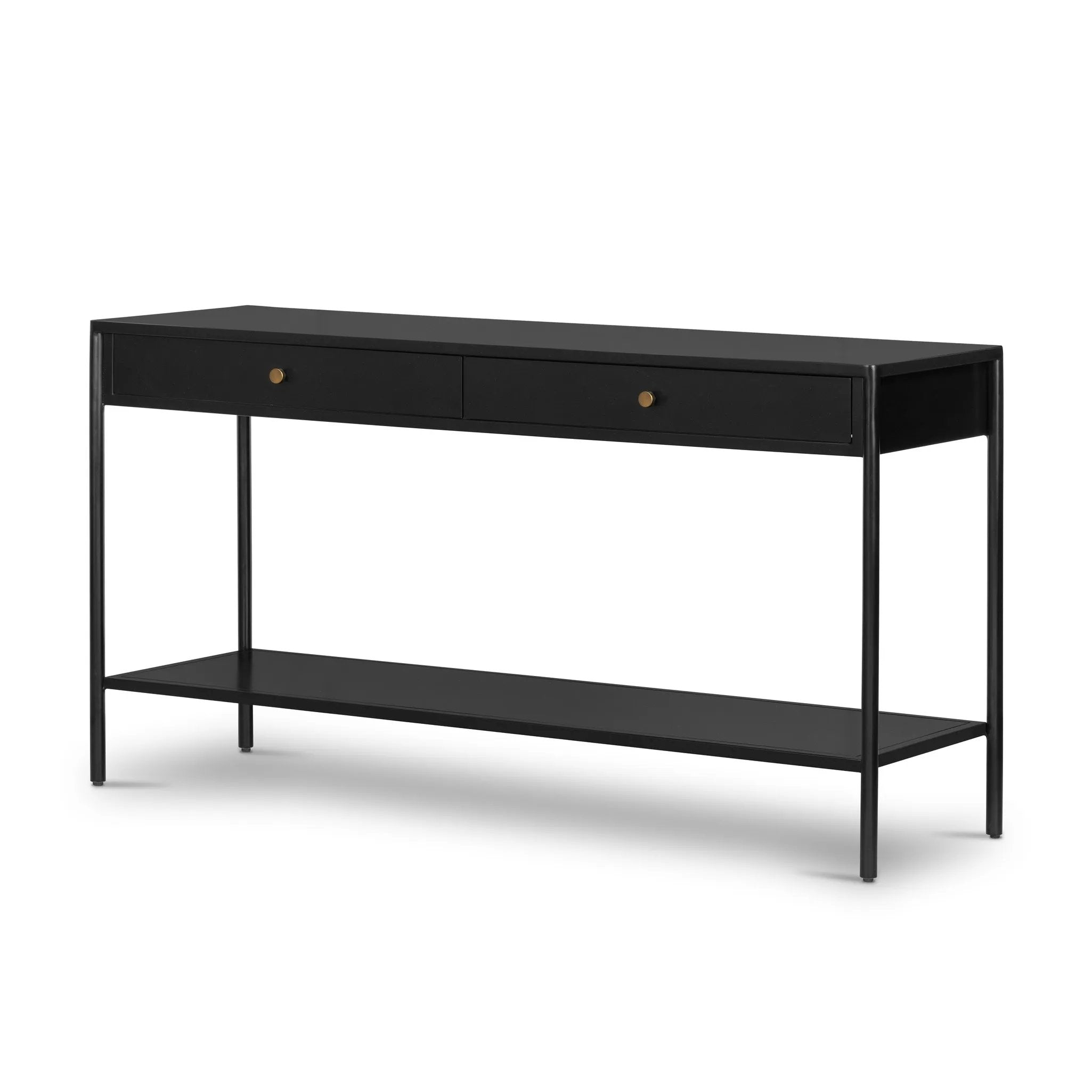 Featuring Soto Black Console Table by Four Hands at Amethyst Home. Bring a softened industrial look to the media room, dining space or entryway with a simple black-finished iron console table featuring bronzed iron hardware for modernity. Dual drawers and lower shelving add bonus storage space.Overall Dimensions: 57.00"w x 17.00"d x 30.00"hWeight : 84.88 lbsMat. Amethyst Home provides interior design, new home construction design consulting, vintage area rugs, and lighting in the Miami metro area.