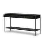Featuring Soto Black Console Table by Four Hands at Amethyst Home. Bring a softened industrial look to the media room, dining space or entryway with a simple black-finished iron console table featuring bronzed iron hardware for modernity. Dual drawers and lower shelving add bonus storage space.Overall Dimensions: 57.00"w x 17.00"d x 30.00"hWeight : 84.88 lbs. Amethyst Home provides interior design, new home construction design consulting, vintage area rugs, and lighting in the Monterey metro area.