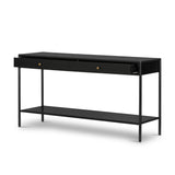 Featuring Soto Black Console Table by Four Hands at Amethyst Home. Bring a softened industrial look to the media room, dining space or entryway with a simple black-finished iron console table featuring bronzed iron hardware for modernity. Dual drawers and lower shelving add bonus storage space.Overall Dimensions: 57.00"w x 17.00"d x 30.00"hWeight : 84.88 lbs. Amethyst Home provides interior design, new home construction design consulting, vintage area rugs, and lighting in the Monterey metro area.