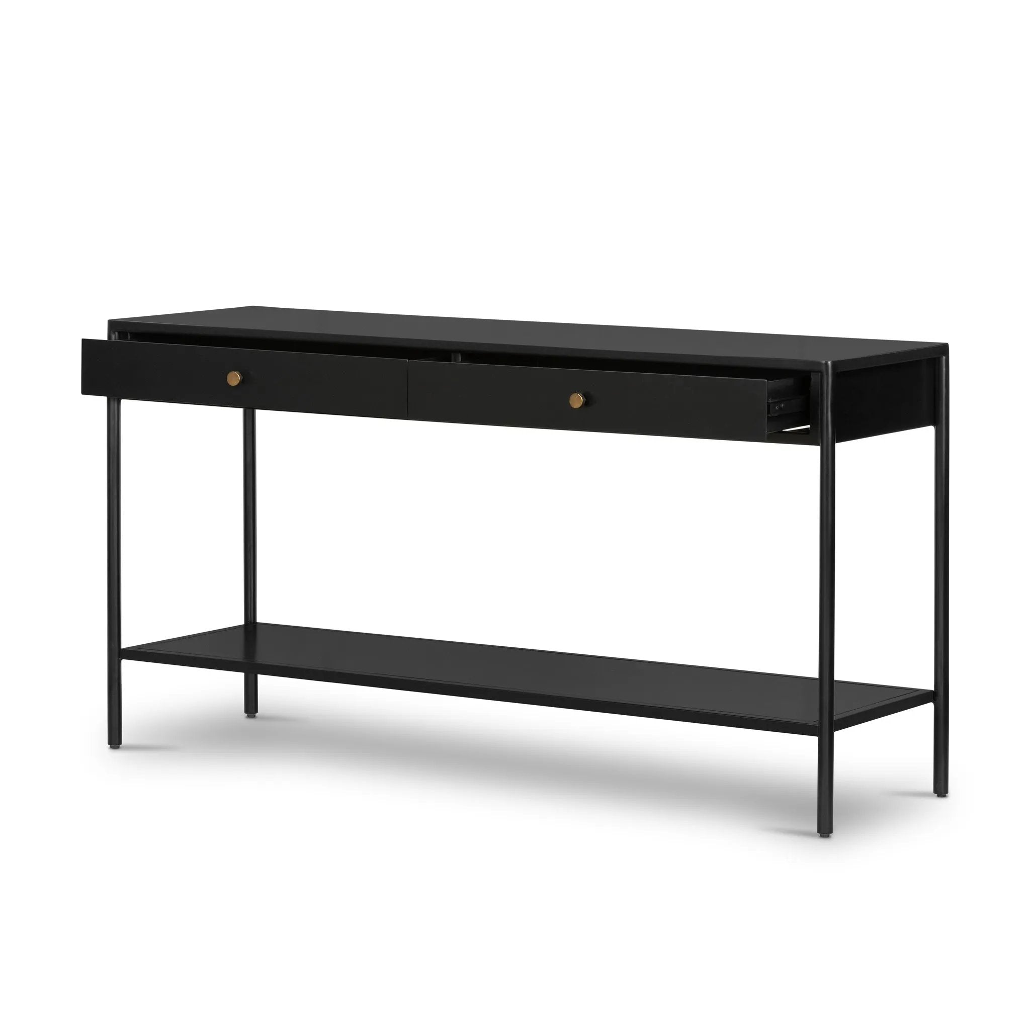 Featuring Soto Black Console Table by Four Hands at Amethyst Home. Bring a softened industrial look to the media room, dining space or entryway with a simple black-finished iron console table featuring bronzed iron hardware for modernity. Dual drawers and lower shelving add bonus storage space.Overall Dimensions: 57.00"w x 17.00"d x 30.00"hWeight : 84.88 lbs. Amethyst Home provides interior design, new home construction design consulting, vintage area rugs, and lighting in the Monterey metro area.