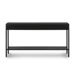 Featuring Soto Black Console Table by Four Hands at Amethyst Home. Bring a softened industrial look to the media room, dining space or entryway with a simple black-finished iron console table featuring bronzed iron hardware for modernity. Dual drawers and lower shelving add bonus storage space.Overall Dimensions: 57.00"w x 17.00"d x 30.00"hWeight : 84.. Amethyst Home provides interior design, new home construction design consulting, vintage area rugs, and lighting in the Salt Lake City metro area.