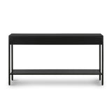 Featuring Soto Black Console Table by Four Hands at Amethyst Home. Bring a softened industrial look to the media room, dining space or entryway with a simple black-finished iron console table featuring bronzed iron hardware for modernity. Dual drawers and lower shelving add bonus storage space.Overall Dimensions: 57.00"w x 17.00"d x 30.00"hWeight : 84.. Amethyst Home provides interior design, new home construction design consulting, vintage area rugs, and lighting in the Salt Lake City metro area.