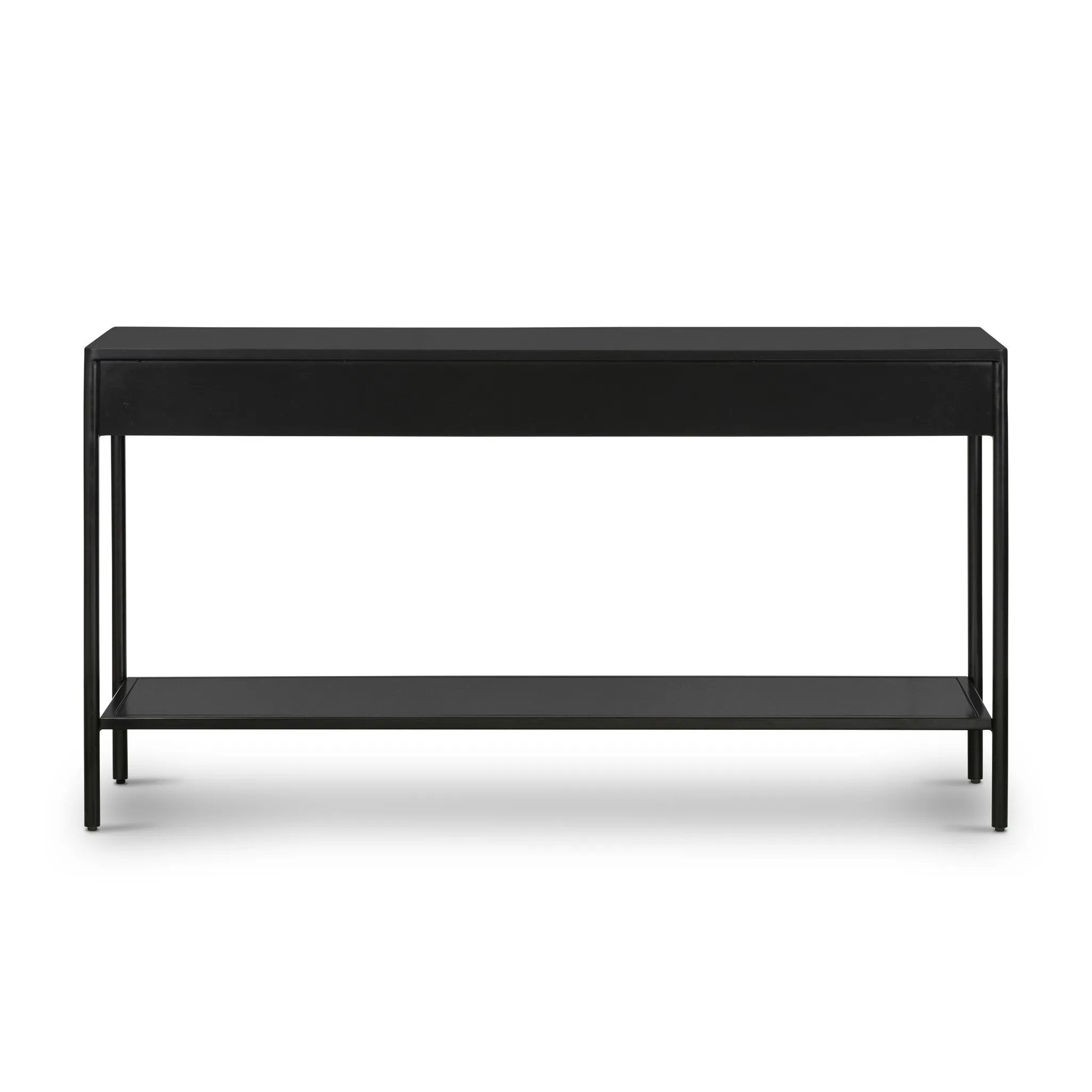 Featuring Soto Black Console Table by Four Hands at Amethyst Home. Bring a softened industrial look to the media room, dining space or entryway with a simple black-finished iron console table featuring bronzed iron hardware for modernity. Dual drawers and lower shelving add bonus storage space.Overall Dimensions: 57.00"w x 17.00"d x 30.00"hWeight : 84.. Amethyst Home provides interior design, new home construction design consulting, vintage area rugs, and lighting in the Salt Lake City metro area.
