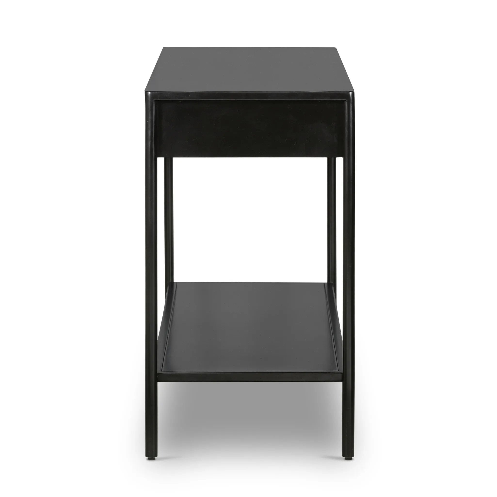 Featuring Soto Black Console Table by Four Hands at Amethyst Home. Bring a softened industrial look to the media room, dining space or entryway with a simple black-finished iron console table featuring bronzed iron hardware for modernity. Dual drawers and lower shelving add bonus storage space.Overall Dimensions: 57.00"w x 17.00"d x 30.00"hWeight : 84.88 lbsM. Amethyst Home provides interior design, new home construction design consulting, vintage area rugs, and lighting in the Seattle metro area.